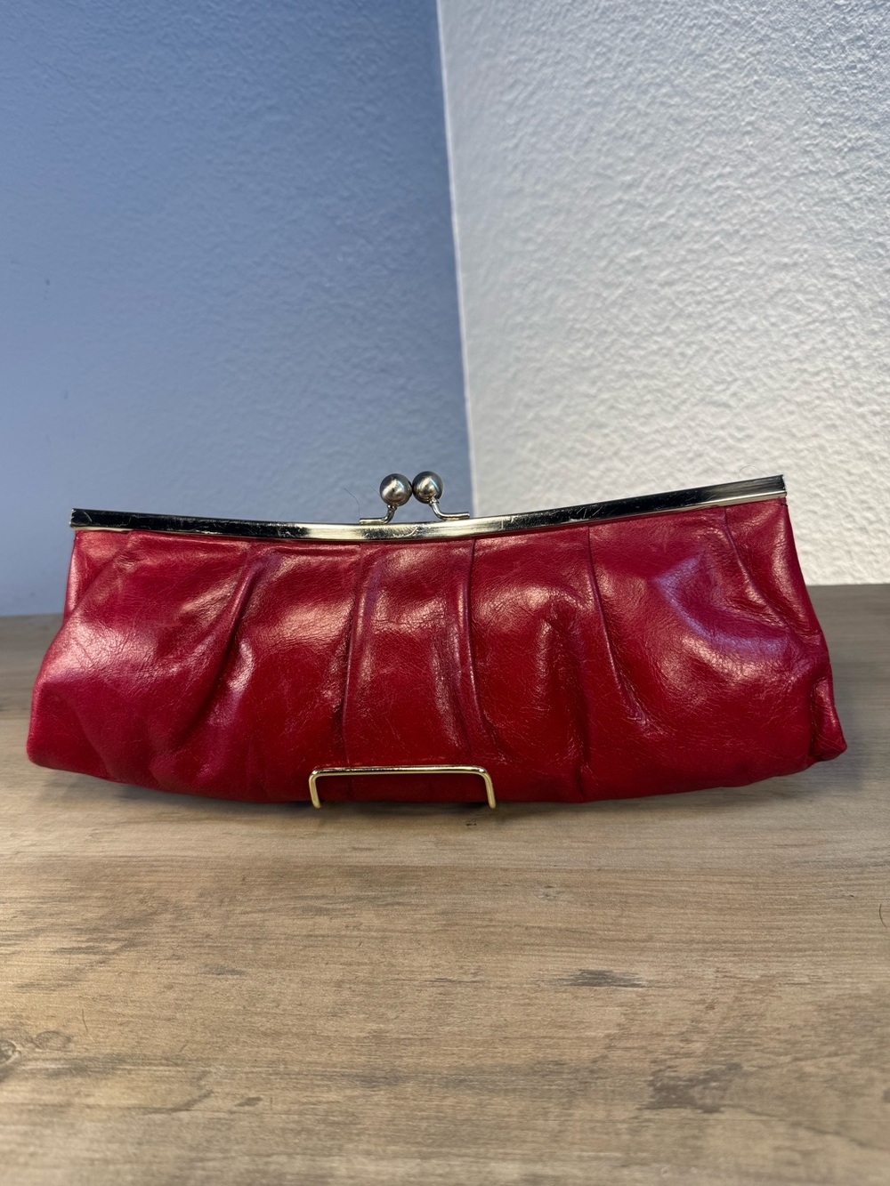 Vintage HOBO International Red Leather Clutch Double Ball Kiss-Lock Frame Bag